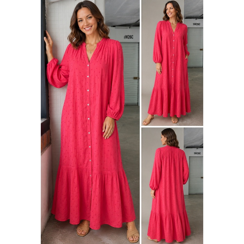 Pomander Place Tuckernuck Rosso Red Leila Maxi Dress Tiered Cotton Swiss Dot XL